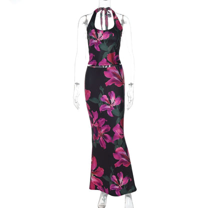 Halter self tie u neck flower print maxi skirt set  | Festival Outfits Women