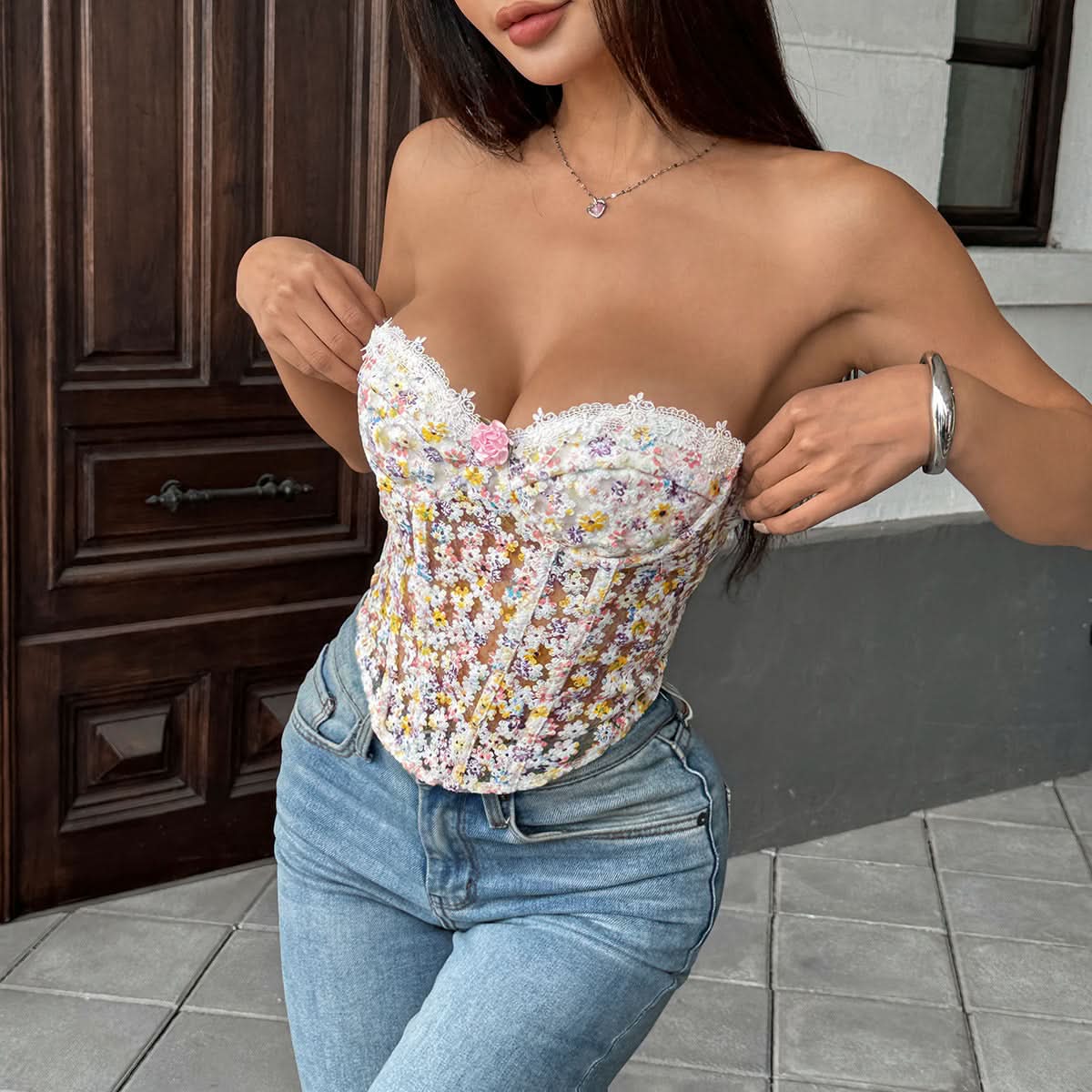 Sweetheart neck flower applique corset lace up top  | Festival Outfits Women