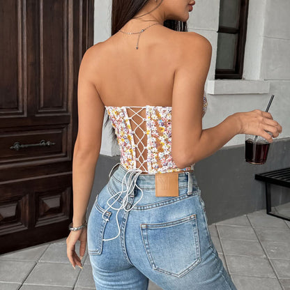 Sweetheart neck flower applique corset lace up top  | Festival Outfits Women