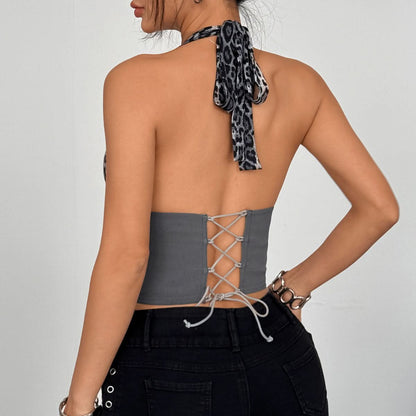 Halter v neck leopard print lace hem corset top  | Festival Outfits Women  | Cheetah Print Top