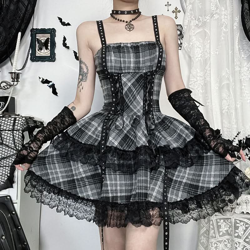 Plaid lace hem lace up cami mini dress  | Festival Outfits Women