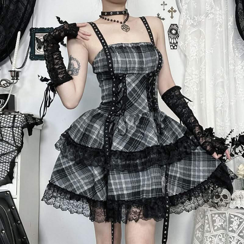 Plaid lace hem lace up cami mini dress  | Festival Outfits Women