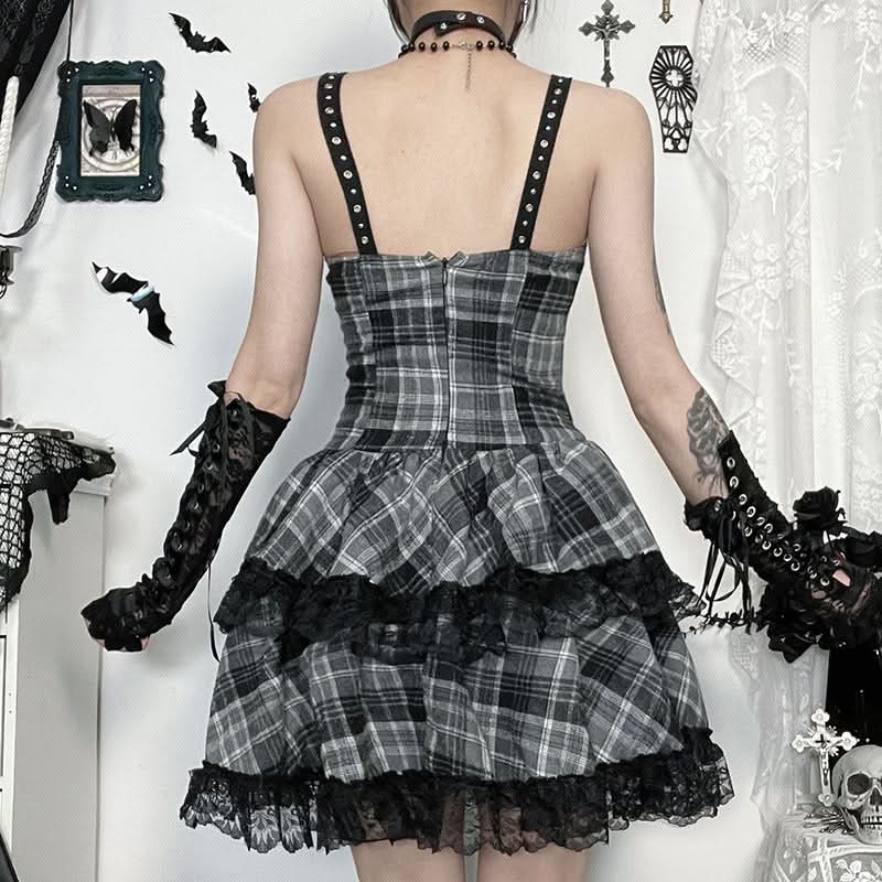 Plaid lace hem lace up cami mini dress  | Festival Outfits Women