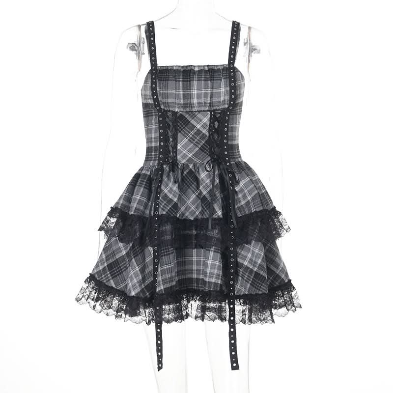 Plaid lace hem lace up cami mini dress  | Festival Outfits Women