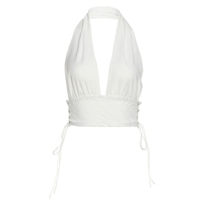 Halter self tie lace v neck backless top  | Festival Outfits Women
