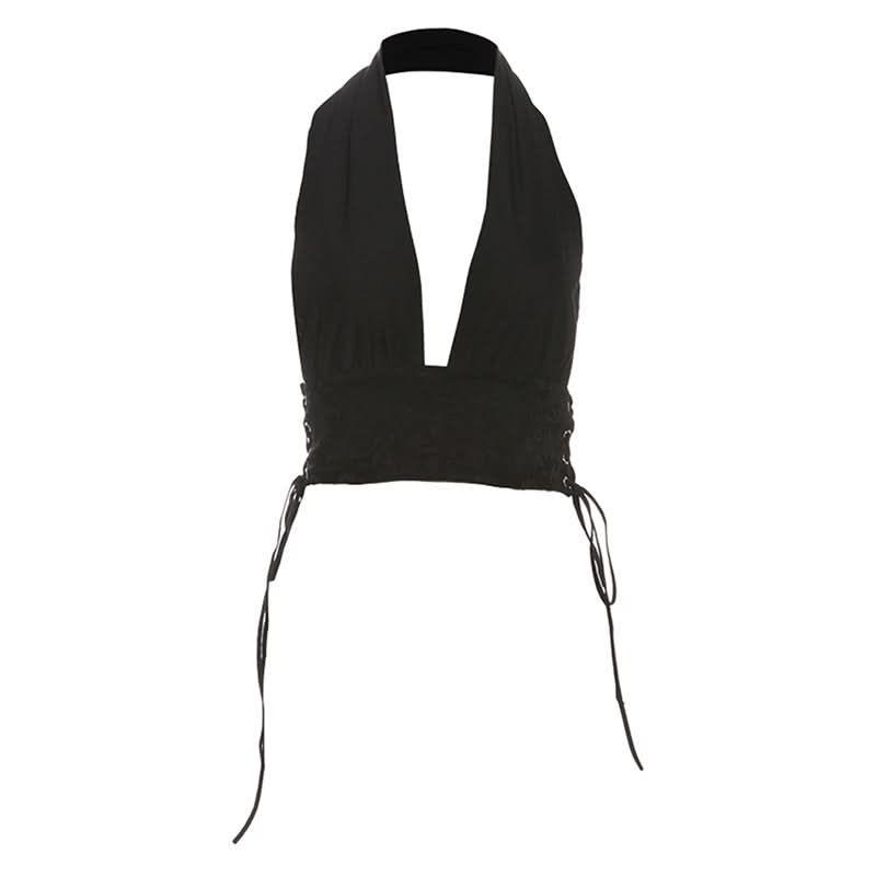Halter self tie lace v neck backless top  | Festival Outfits Women