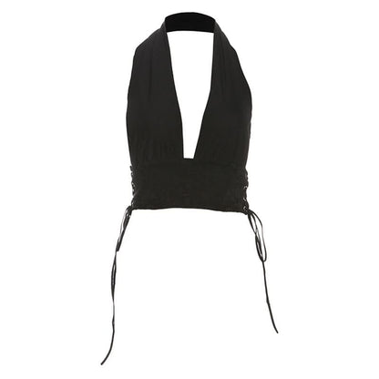 Halter self tie lace v neck backless top  | Festival Outfits Women