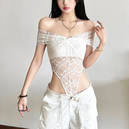 Off shoulder ruched lace button solid bodysuit  | Festival Outfits Women
