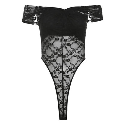 Off shoulder ruched lace button solid bodysuit  | Festival Outfits Women