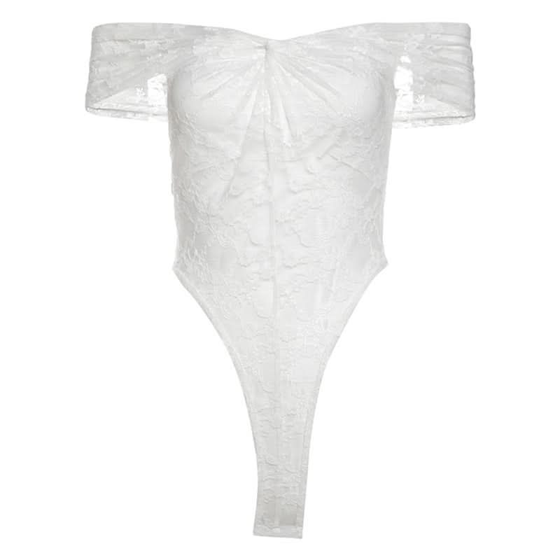 Off shoulder ruched lace button solid bodysuit  | Festival Outfits Women