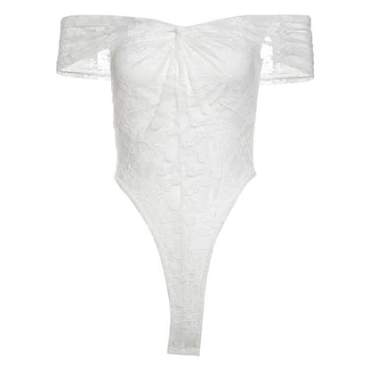 Off shoulder ruched lace button solid bodysuit  | Festival Outfits Women