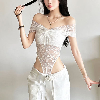 Off shoulder ruched lace button solid bodysuit  | Festival Outfits Women