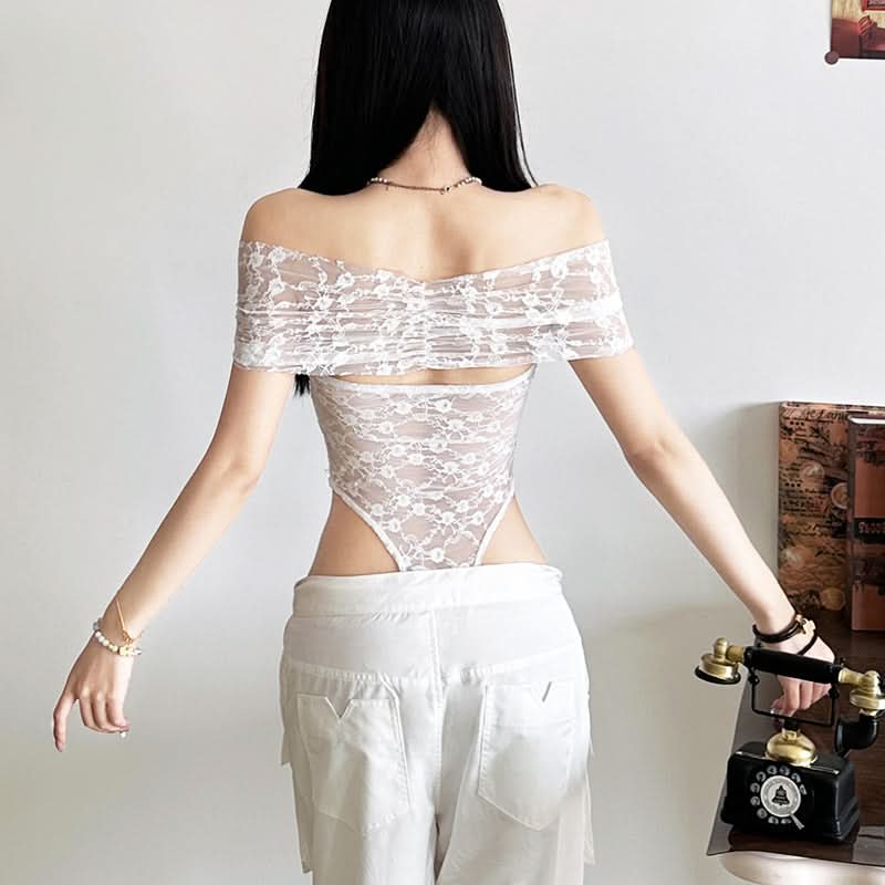 Off shoulder ruched lace button solid bodysuit  | Festival Outfits Women