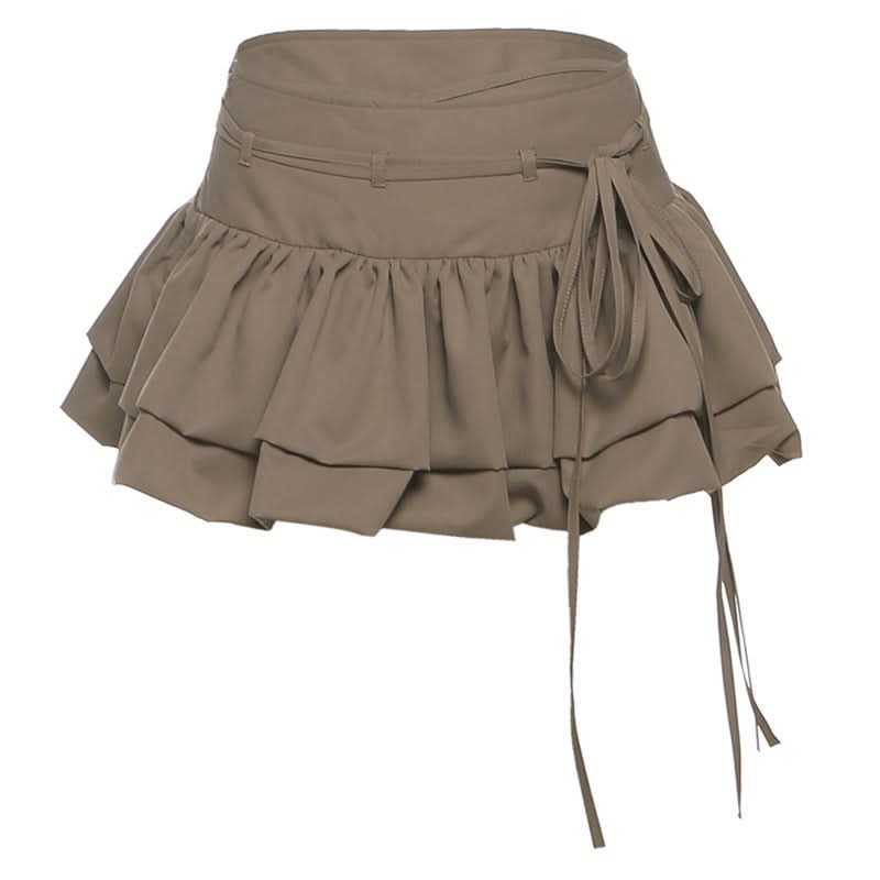Zip-up ruched A line self tie solid mini skirt  | Festival Outfits Women