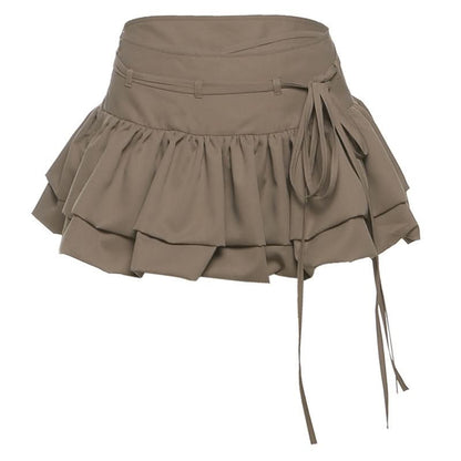 Zip-up ruched A line self tie solid mini skirt  | Festival Outfits Women