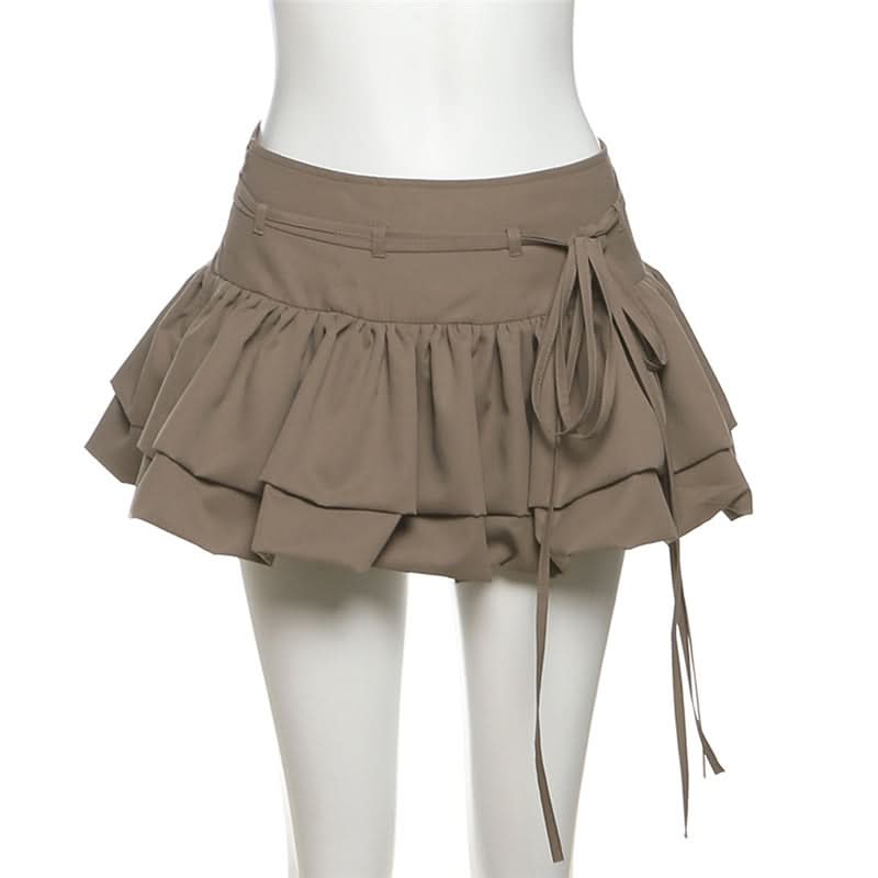 Zip-up ruched A line self tie solid mini skirt  | Festival Outfits Women