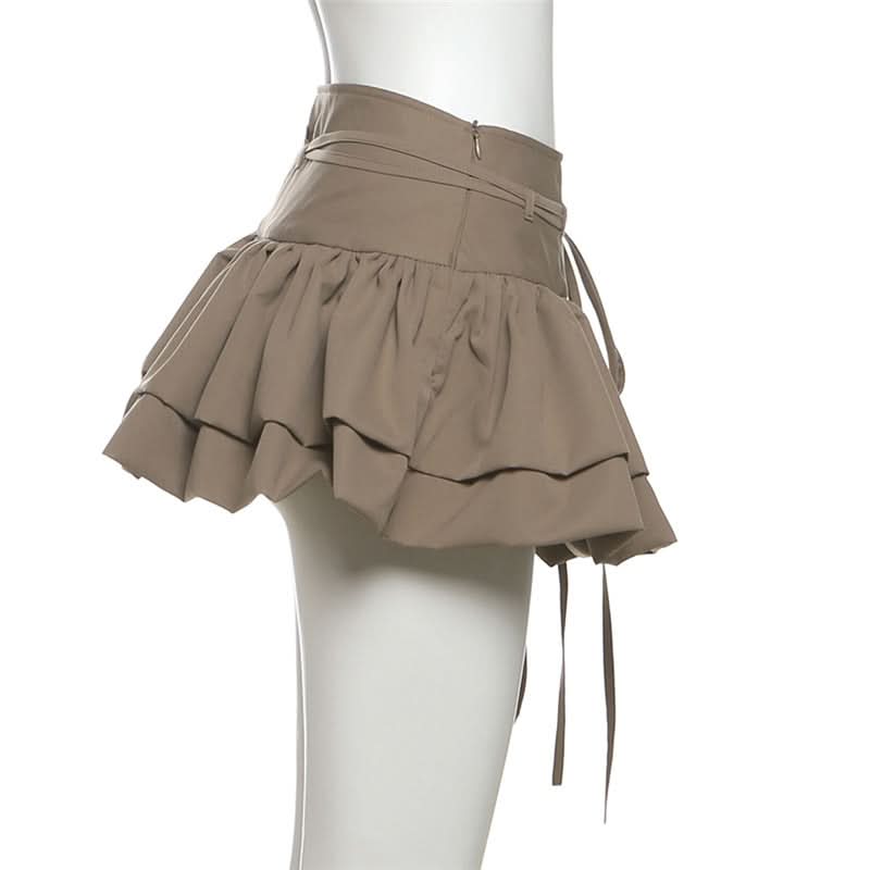 Zip-up ruched A line self tie solid mini skirt  | Festival Outfits Women
