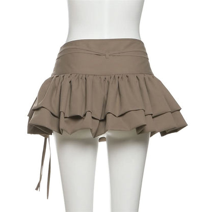 Zip-up ruched A line self tie solid mini skirt  | Festival Outfits Women