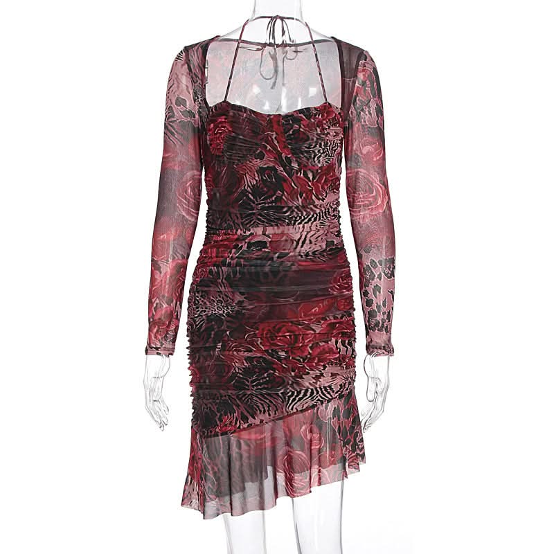 Long sleeve contrast mesh ruffle mini dress  | Festival Outfits Women