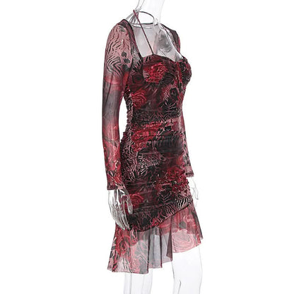 Long sleeve contrast mesh ruffle mini dress  | Festival Outfits Women