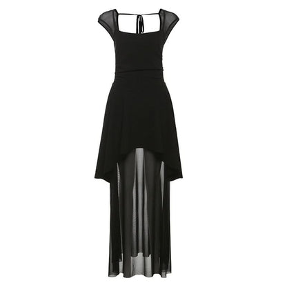 Mesh square neck self tie backless maxi dress  | Festival Outfits Women