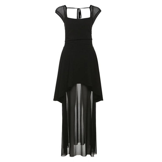Mesh square neck self tie backless maxi dress  | Festival Outfits Women