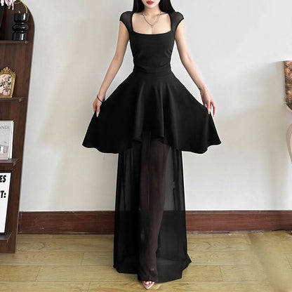 Mesh square neck self tie backless maxi dress  | Festival Outfits Women