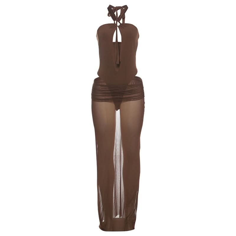 Hollow out button halter ruched maxi skirt set  | Festival Outfits Women