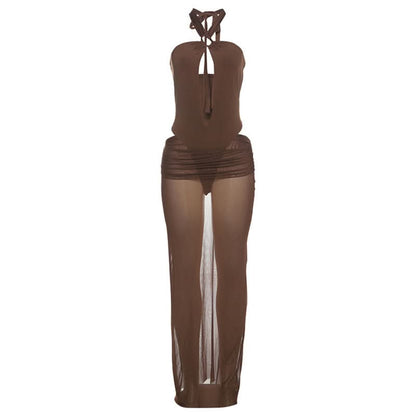 Hollow out button halter ruched maxi skirt set  | Festival Outfits Women