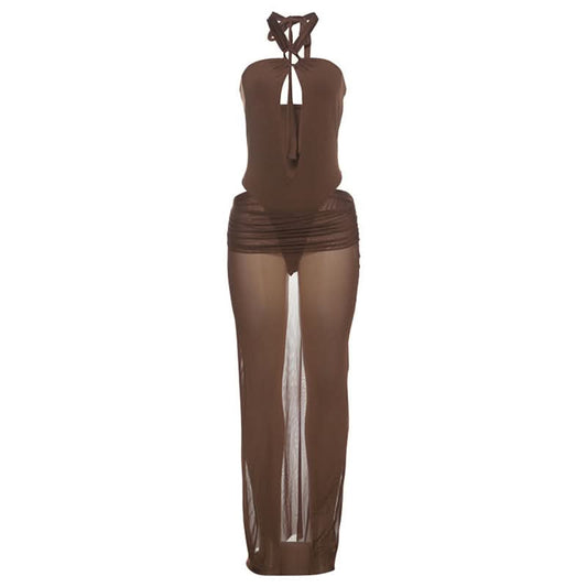 Hollow out button halter ruched maxi skirt set  | Festival Outfits Women