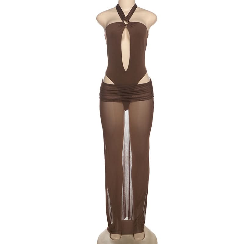 Hollow out button halter ruched maxi skirt set  | Festival Outfits Women