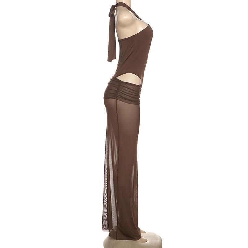 Hollow out button halter ruched maxi skirt set  | Festival Outfits Women