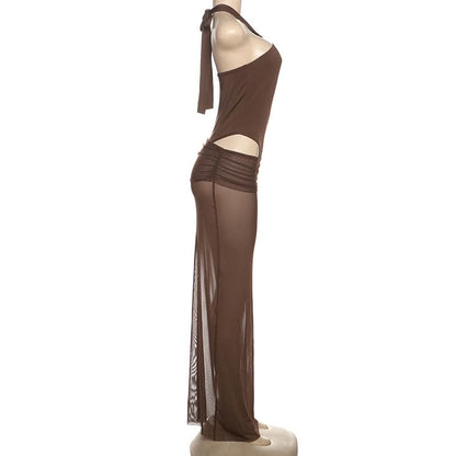 Hollow out button halter ruched maxi skirt set  | Festival Outfits Women