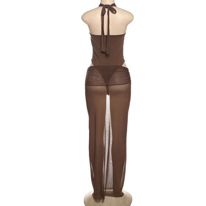 Hollow out button halter ruched maxi skirt set  | Festival Outfits Women