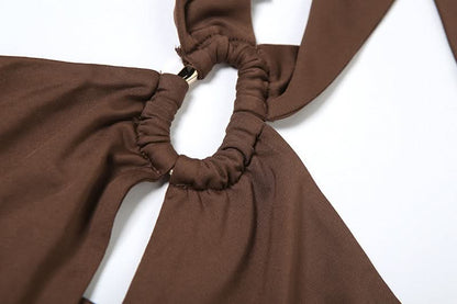 Hollow out button halter ruched maxi skirt set  | Festival Outfits Women