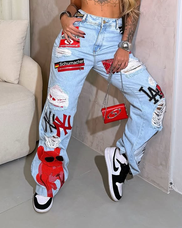 Graffiti Decorated Straight Denim 2-Piece Set
