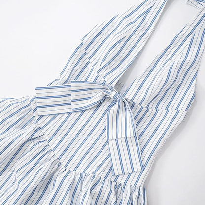 Striped bowknot zip-up halter maxi dress  | Festival Outfits Women
