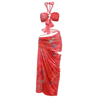 Halter self tie hollow out ruched maxi skirt set  | Festival Outfits Women