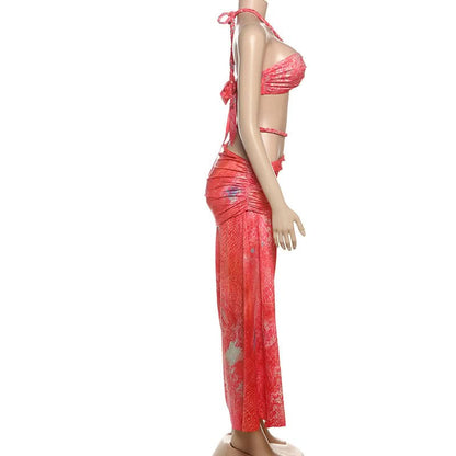 Halter self tie hollow out ruched maxi skirt set  | Festival Outfits Women