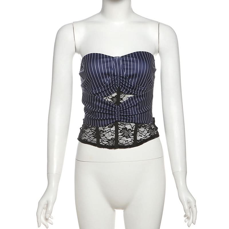 Striped print lace patchwork tube top  | Festival Outfits Women