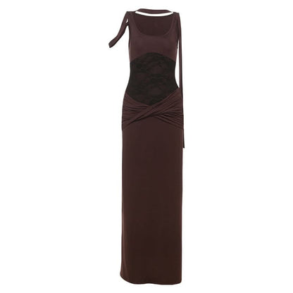 U neck lace patchwork ruched maxi dress  | Festival Outfits Women