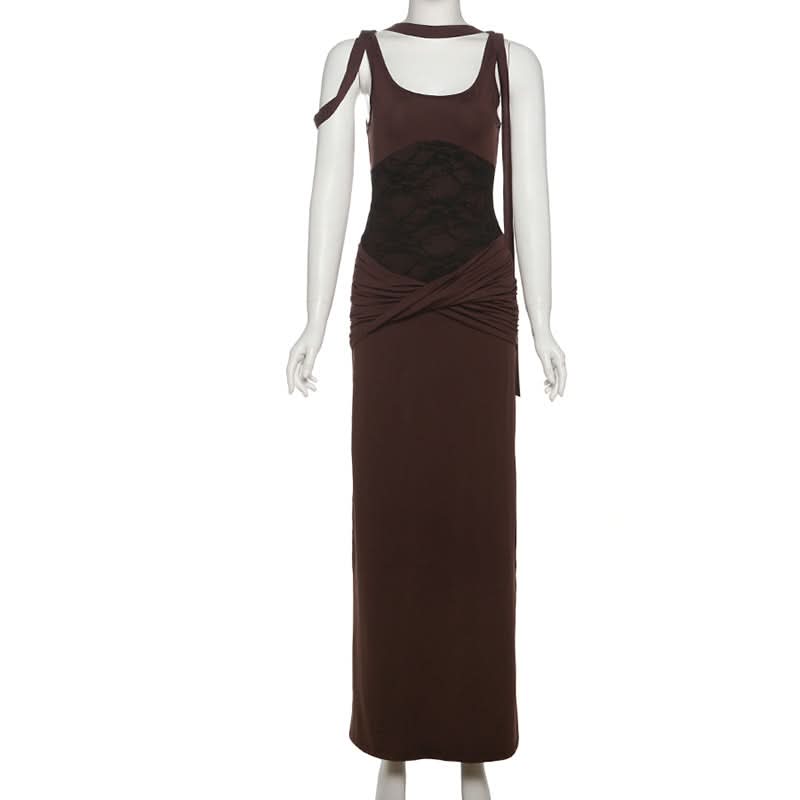 U neck lace patchwork ruched maxi dress  | Festival Outfits Women