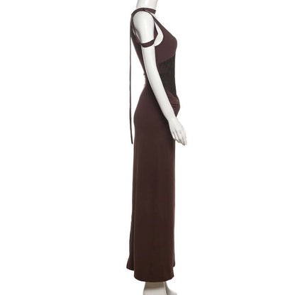 U neck lace patchwork ruched maxi dress  | Festival Outfits Women