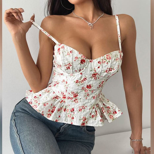 Lace up v neck flower print ruffle cami top  | Festival Outfits Women