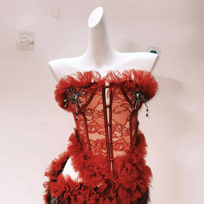 Fluffy ruffle button lace mini skirt set  | Festival Outfits Women