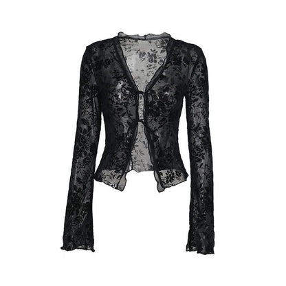 Long sleeve ruffle v neck print self tie top  | Festival Outfits Women