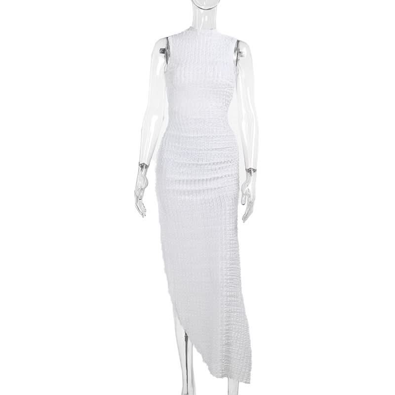 Hoodie Irregular slit crewneck ruched midi dress  | Festival Outfits Women