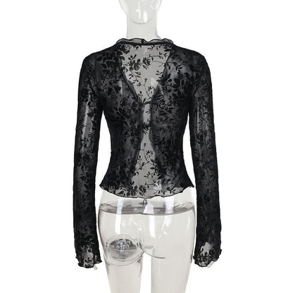 Long sleeve ruffle v neck print self tie top  | Festival Outfits Women