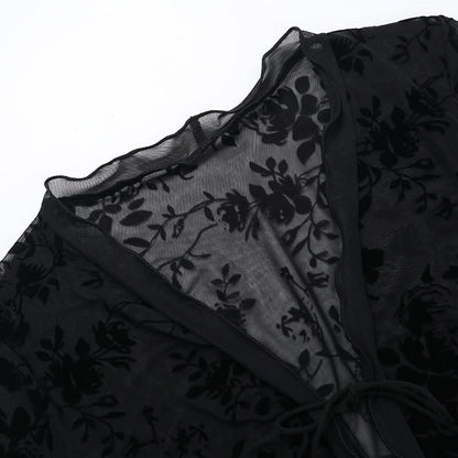 Long sleeve ruffle v neck print self tie top  | Festival Outfits Women