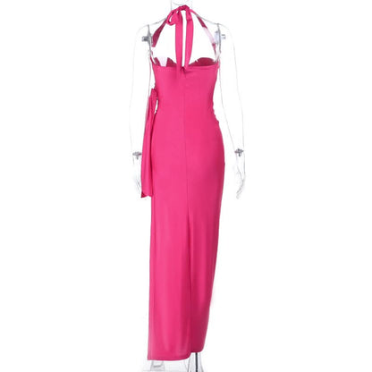 Halter self tie ruched v neck slit maxi dress  | Festival Outfits Women